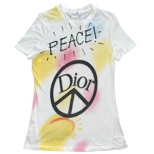 M Christian Dior White Peace Sign Logo Spellout Studded Graphic Tee Shirt Top
